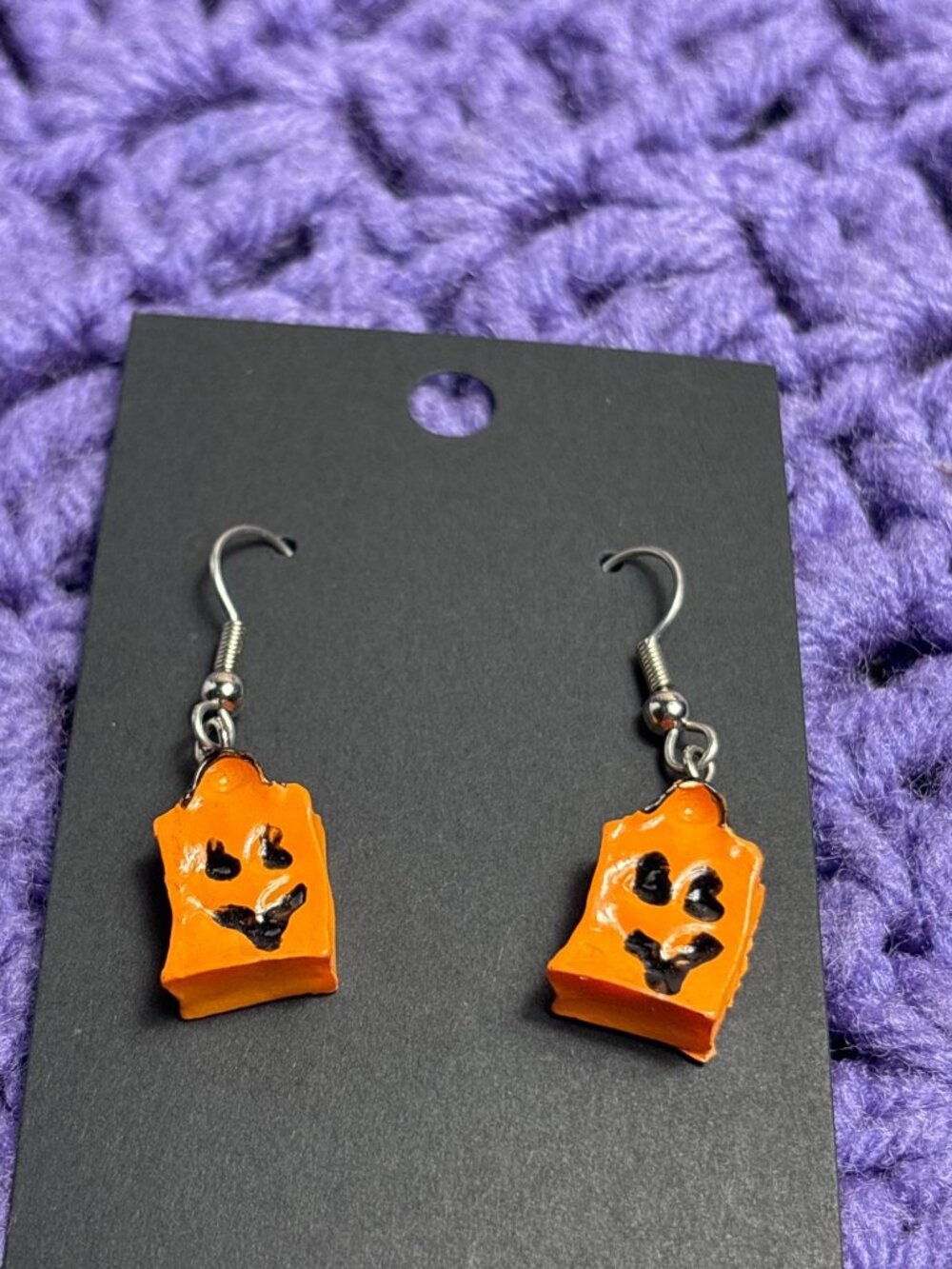 Novelty Halloween Dangle Earrings Trick or Treat Bags Jack O Lantern 5/8 inch